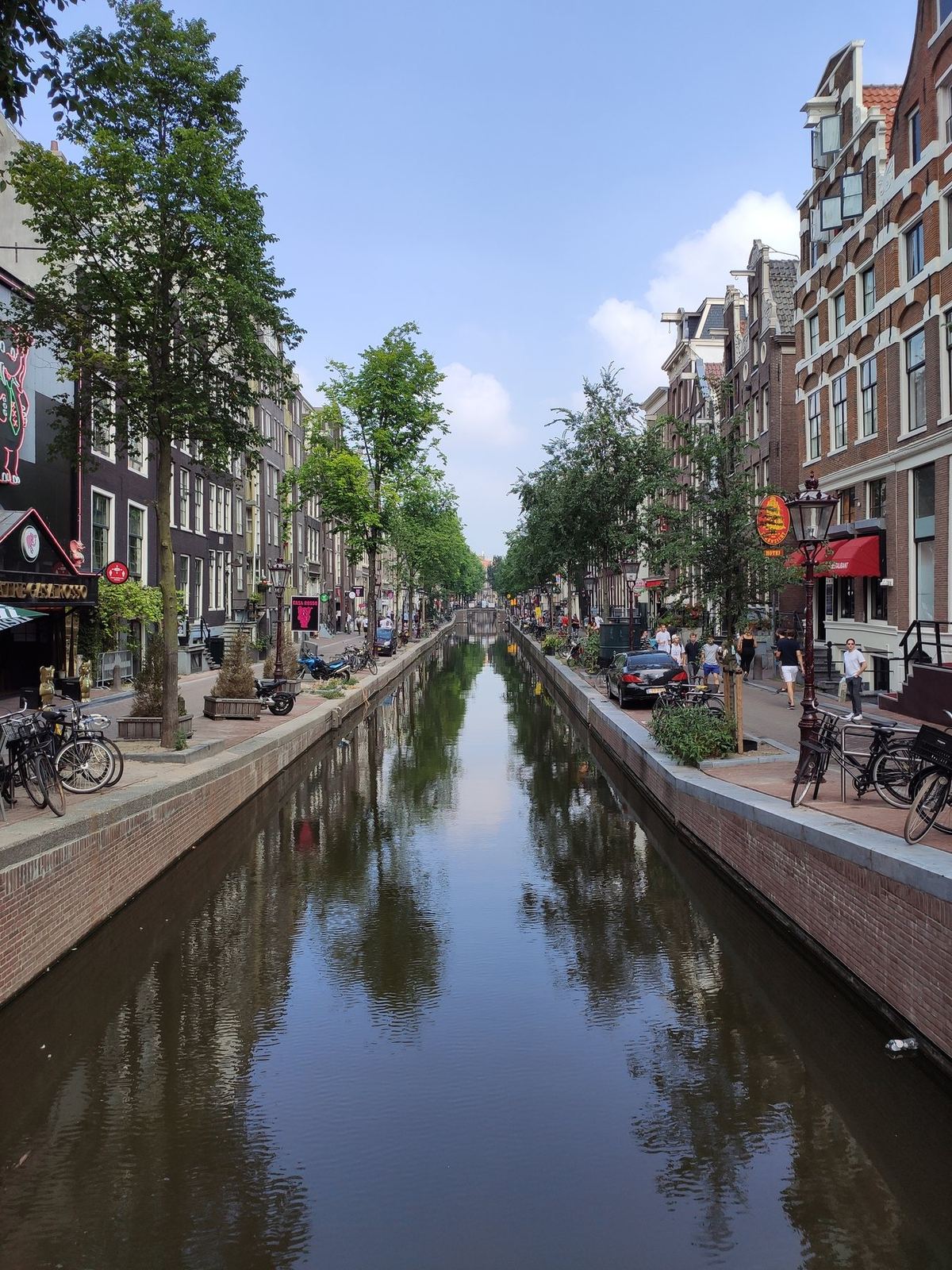 Un canal tranquilo con árboles y bicicletas