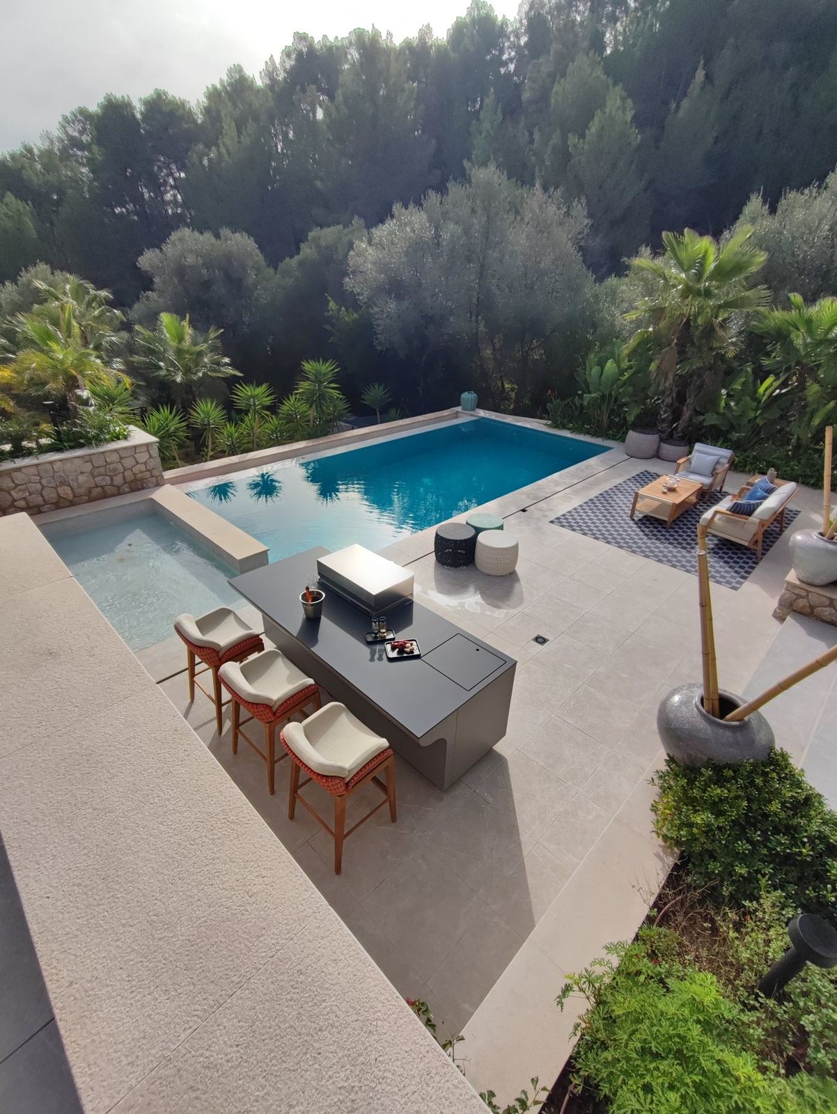Aerial view of a terrace with a pool surrounded by pine trees